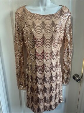 Exquisite Sequin Long-Sleeve Cocktail Dress - Rose Gold